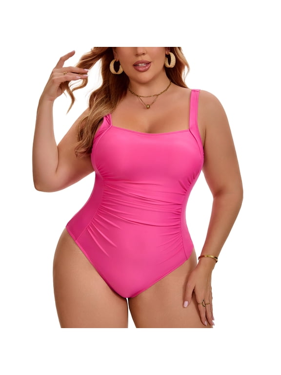 Women's Plus Size 1 Piece Swimsuit Push Up Tummy Control Ruched Pool Beach Bathing Suit Swimwear 4X Hot Pink