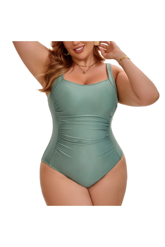 Women's Plus Size 1 Piece Swimsuit Push Up Tummy Control Ruched Pool Beach Bathing Suit Swimwear L Green