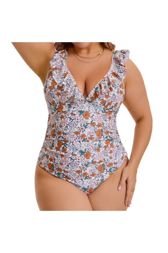 Women's Plus Size 1 Piece Swimsuit Tummy Control Push Up Ruffled V Neck Lace Up Bathing Suit Beach Pool Party Swimwear Set 1X Beige