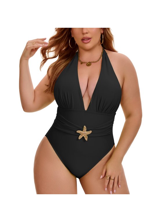 Women's Plus Size 1 Piece Swimwear Halter Swimsuit Push Up Shirring Bandeau Tummy Control Beach Vacation Bathing Suit 2X Black
