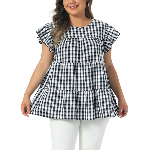 Agnes Orinda Women's Plus Size Valentines Day 1950s Gingham Top Crew Neck Flare Short Sleeves Blouse Summer Babydoll Tops 4X Black