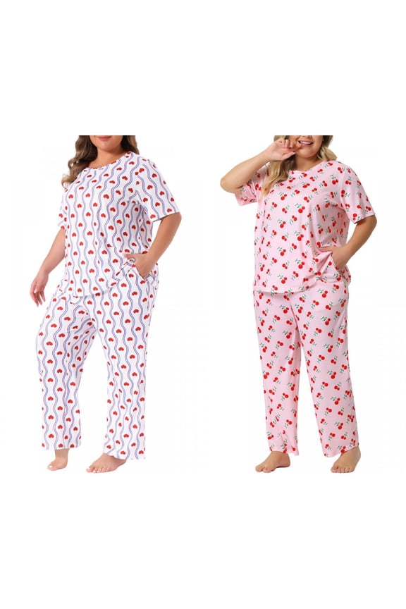 Women's Plus Size 2 Pack Pajama Sets Cherry Print Round Neck Short Sleeve Top ang Long Pant Elastic Waist Lounge Sleepwear with Pocket 1X White/Pink