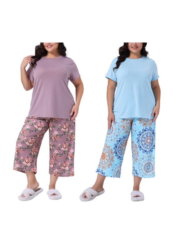 Women's Plus Size 2 Pack Sleepwear Printed Pattern Short Sleeve Tops with Pants Lounge Pajamas Sets 4X Purple/Blue