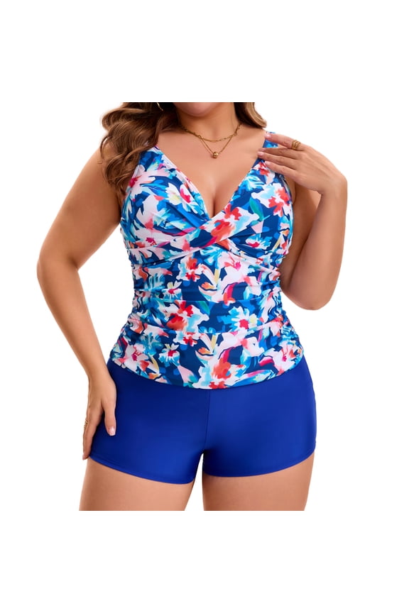 Women's Plus Size 2 Piece Bathing Suit Ruched Tankini Top Tummy Control Push Up Beach Pool Swimwear Set with Board Shorts 2X Blue