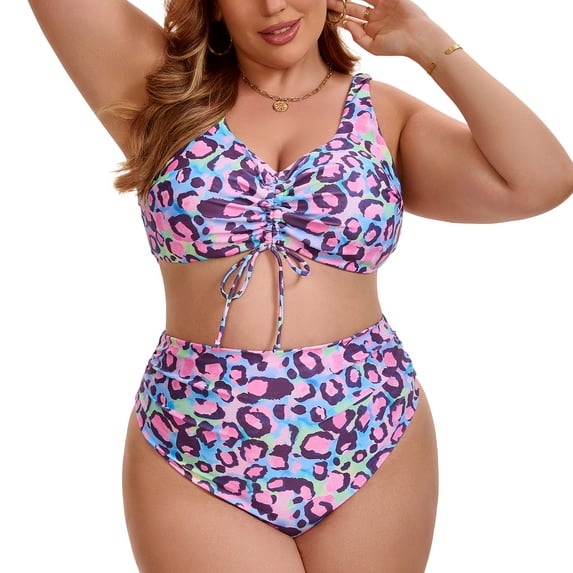 Agnes Orinda Women's Plus Size Two Piece Bikini Pattern Drawstring Twist Front Push Up High Waisted Shirring Vacation Beach Swimsuit 1X Green Pink
