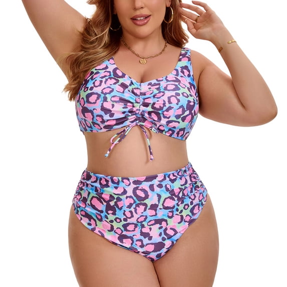 Agnes Orinda Women's Plus Size Two Piece Bikini Pattern Drawstring Twist Front Push Up High Waisted Shirring Vacation Beach Swimsuit 3X Purple Pink