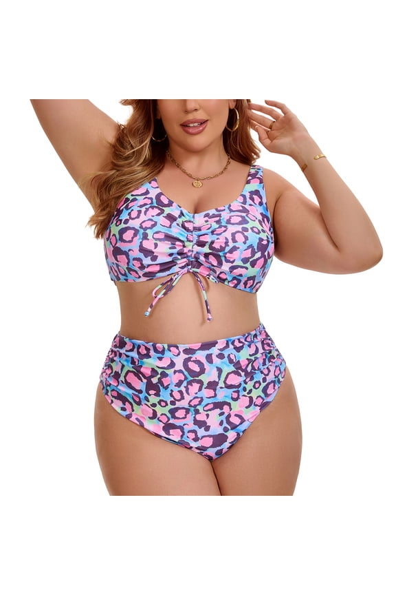 Women's Plus Size Two Piece Bikini Pattern Drawstring Twist Front Push Up High Waisted Shirring Vacation Beach Swimsuit 4X Purple Pink