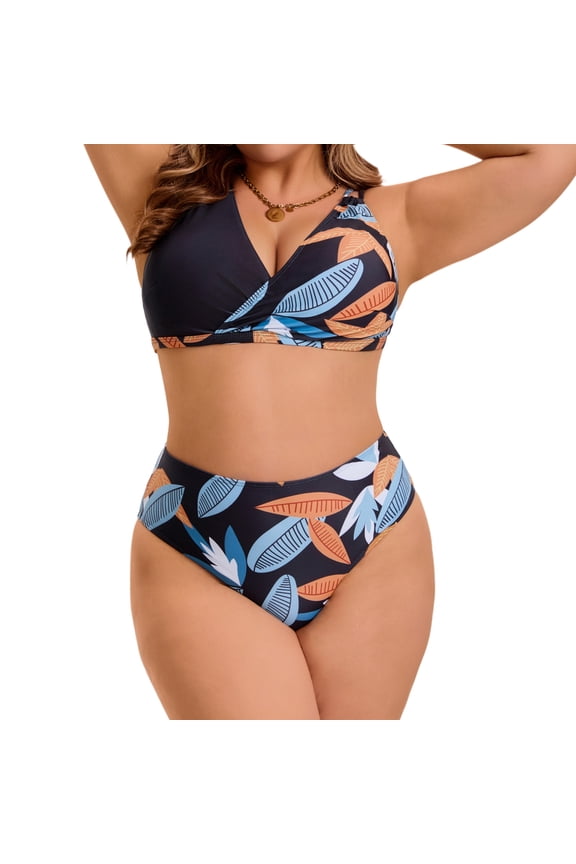Women's Plus Size 2 Piece Bikini Sets Swimsuits Floral High Waisted Push Up Printed Beach Vacation Pool Party Bathing Suit 4X Black