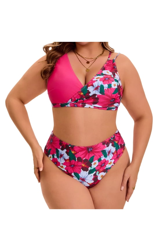 Women's Plus Size 2 Piece Bikini Sets Swimsuits Floral High Waisted Push Up Printed Beach Vacation Pool Party Bathing Suit 4X Rose Red