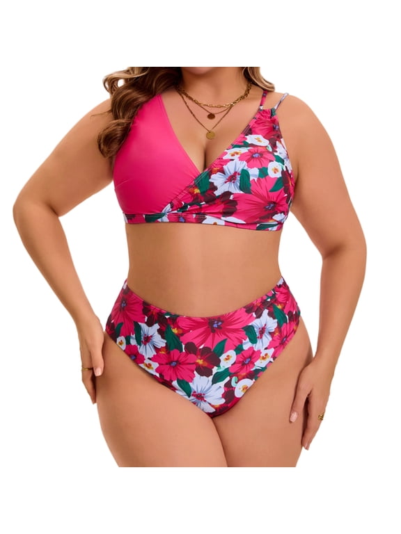 Women's Plus Size 2 Piece Bikini Sets Swimsuits Floral High Waisted Push Up Printed Beach Vacation Pool Party Bathing Suit 4X Rose Red