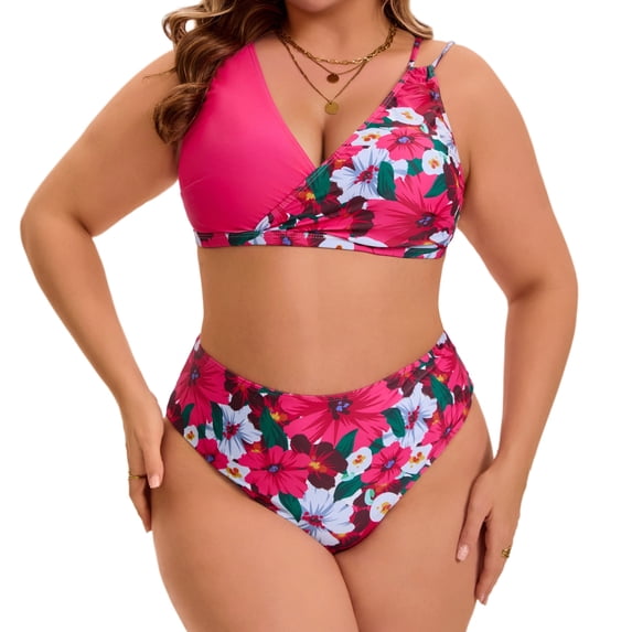 Agnes Orinda Women's Plus Size 2 Piece Bikini Sets Swimsuits Floral High Waisted Push Up Printed Beach Vacation Pool Party Bathing Suit 1X Rose Red