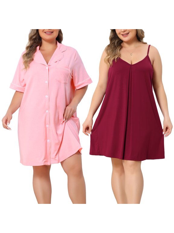 Women's Plus Size 2 Piece Button Down Short Sleeve Nightshirt and V Neck Spaghetti Strap Nightgown Soft Loungewear with Pocket 1X Burgundy/Pink