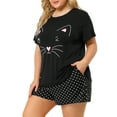 thumbnail image 1 of Agnes Orinda Women's Plus Size 2-Piece Cats Print Polka Dots Elastic Waist Pajamas Set 2X Black, 1 of 8