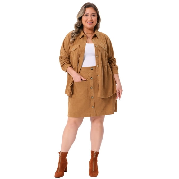 Agnes Orinda Women's Plus Size 2 Piece Corduroy Button Down Peplum Shirts and Elastic Waist A Line Mini Skirt Set with Pockets 3X Brown