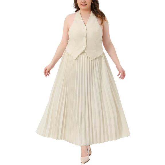 Agnes Orinda Women's Plus Size 2 Piece Elegant Suit Outfit Halter Backless Top and Pleated Maxi Skirt Set 1X Beige