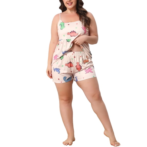 Agnes Orinda Women's Plus Size 2 Piece Nightwear Heart Pattern Cami and Boxer Shorts Cute Soft Lounge Pajamas Set 1X Beige