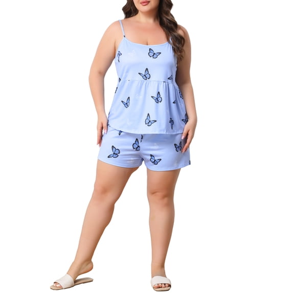 Agnes Orinda Women's Plus Size School College 2 Piece Nightwear Heart Pattern Cami and Boxer Shorts Cute Soft Lounge Pajamas Set 3X Blue