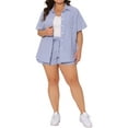 thumbnail image 1 of Agnes Orinda Women's Plus Size 2 Piece Striped Blouse and Shorts Collared Button Down Shirts Casual Summer Outfit Set with Pocket 1X Blue and White, 1 of 6
