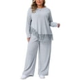 thumbnail image 1 of Agnes Orinda Women's Plus Size 2 Piece Outfits Sets Crew Neck Asymmetrical Fringe Hem Ribbed Knit Casual Long Sleeve Blouse and Wide Leg Pants 1X Gray, 1 of 6