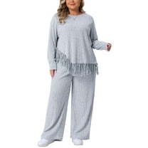 Agnes Orinda Women's Plus Size 2 Piece Outfits Sets Crew Neck Asymmetrical Fringe Hem Ribbed Knit Casual Long Sleeve Blouse and Wide Leg Pants 1X Gray