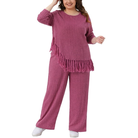 Agnes Orinda Women's Plus Size 2 Piece Outfits Sets Crew Neck Asymmetrical Fringe Hem Ribbed Knit Casual Long Sleeve Blouse and Wide Leg Pants 1X Rose Red