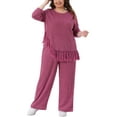 thumbnail image 1 of Agnes Orinda Women's Plus Size 2 Piece Outfits Sets Crew Neck Asymmetrical Fringe Hem Ribbed Knit Casual Long Sleeve Blouse and Wide Leg Pants 2X Rose Red, 1 of 6