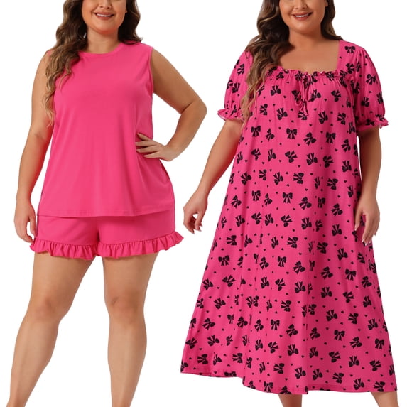 NOMADIC NOOK Women's Plus Size 2 Piece Pajamas Sleeveless Tank Shorts Set and Cherry Print Square Neck Nightdress Soft Loungewear Nightgowns 1X Hot Pink/Hot Pink