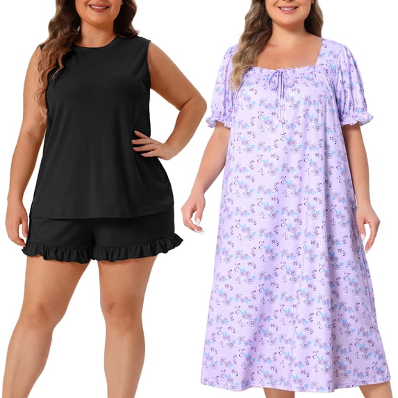 NOMADIC NOOK Women's Plus Size 2 Piece Pajamas Sleeveless Tank Shorts Set and Cherry Print Square Neck Nightdress Soft Loungewear Nightgowns 3X Black/Purple