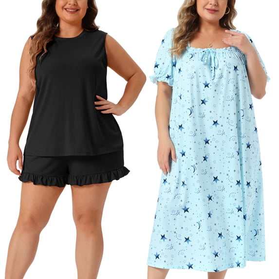 NOMADIC NOOK Women's Plus Size 2 Piece Pajamas Sleeveless Tank Shorts Set and Cherry Print Square Neck Nightdress Soft Loungewear Nightgowns 4X Black/Light Blue