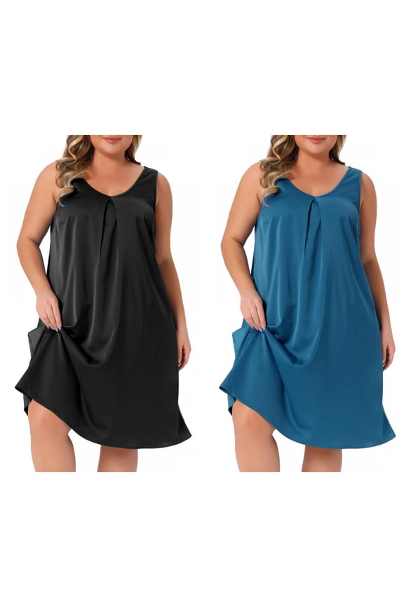 Women's Plus Size 2 Piece Satin Sleep Dress Wide Straps V Neck Pleated Sleepshirt Lounge Nightgowns 1X Peacock Blue/Black