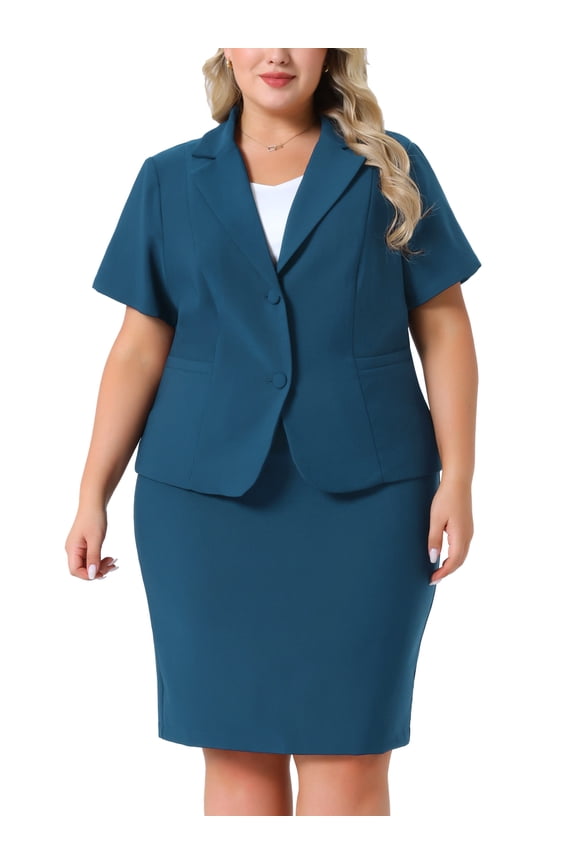 Women's Plus Size 2 Piece Short Sleeve Blazer with Pencil Skirt Office Business Suit Set with Button 2X Peacock Blue