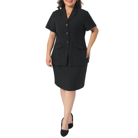Agnes Orinda Women's Plus Size 2 Piece Skirt Suit Set Short Sleeve Blazer and Pencil Skirts Set Business Formal Outfits with Pocket 1X Black