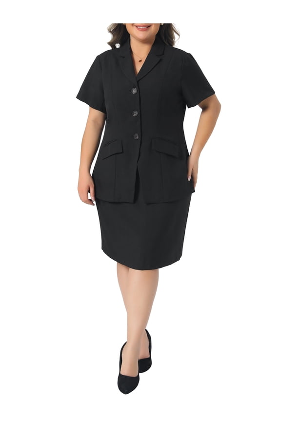 Women's Plus Size 2 Piece Skirt Suit Set Short Sleeve Blazer and Pencil Skirts Set Business Formal Outfits with Pocket 4X Black