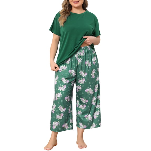 Agnes Orinda Women's Plus Size 2 Piece Sleepwear Short Sleeve Tops with Pants Printed Pattern Lounge Pajamas Sets 4X Dark Green