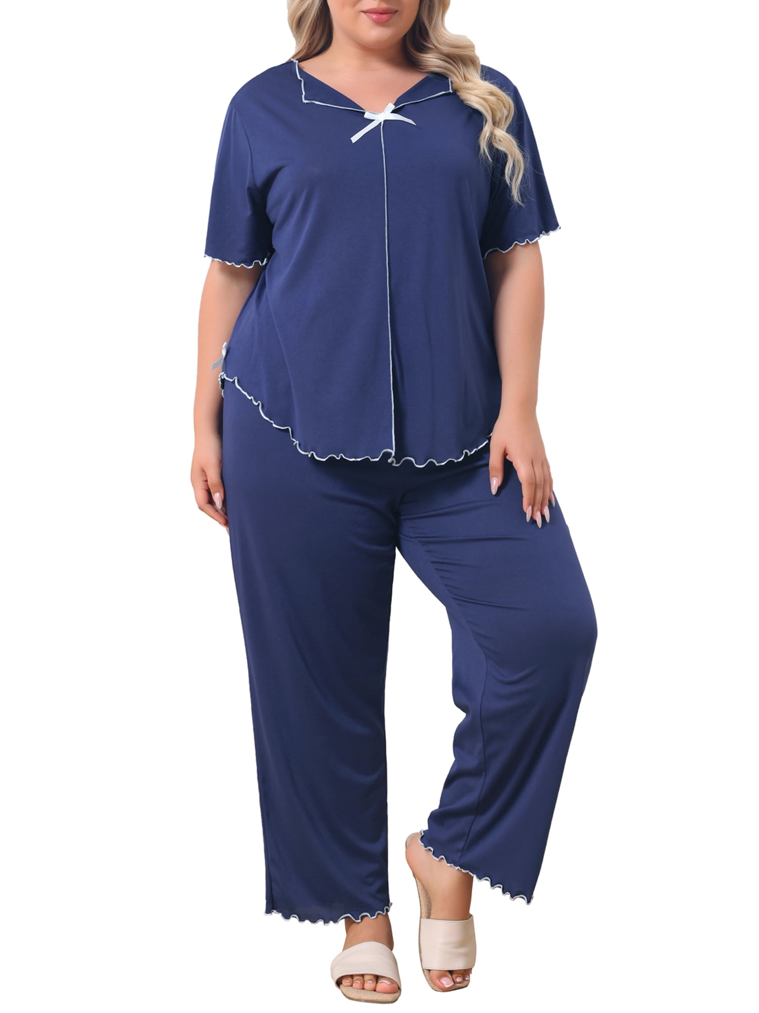 Agnes Orinda Women's Plus Size 2 Piece Sleepwear Wavy Ruffle Trim Short ...
