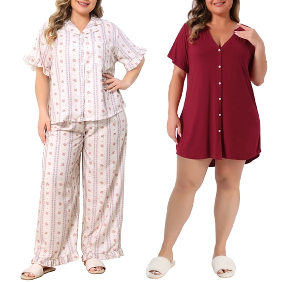 NOMADIC NOOK Women's Plus Size 2 Piece Split Neck Sleepshirt and Flower Pattern Short Sleeve Comfy Pajamas Set 4X Beige/Burgundy