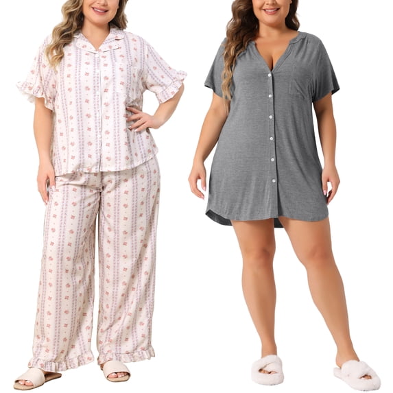 NOMADIC NOOK Women's Plus Size 2 Piece Split Neck Sleepshirt and Flower Pattern Short Sleeve Comfy Pajamas Set 4X Beige/Gray