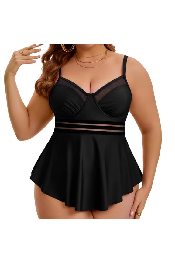 Women's Plus Size 2 Piece Swimsuit Mech Tankini Tummy Control Push Up Swim Dress Beach Pool Swimwear Set with Shorts 2X Black