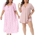 thumbnail image 1 of NOMADIC NOOK Women's Plus Size 2 Piece V Neck Button Down Sleepshirt and Square Neck Short Sleeve Cherry Print Sleep Dress Nightgown Set 3X Pink/Pink, 1 of 7