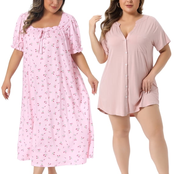 NOMADIC NOOK Women's Plus Size 2 Piece V Neck Button Down Sleepshirt and Square Neck Short Sleeve Cherry Print Sleep Dress Nightgown Set 3X Pink/Pink