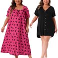 thumbnail image 1 of NOMADIC NOOK Women's Plus Size 2 Piece V Neck Button Down Sleepshirt and Square Neck Short Sleeve Cherry Print Sleep Dress Nightgown Set 1X Hot Pink/Black, 1 of 7