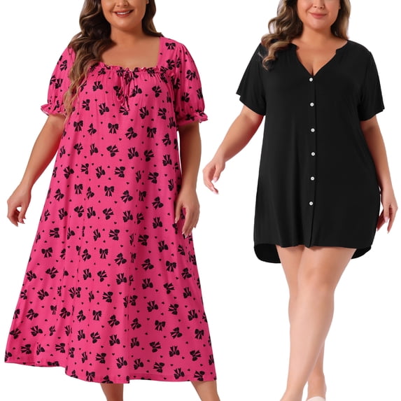 NOMADIC NOOK Women's Plus Size 2 Piece V Neck Button Down Sleepshirt and Square Neck Short Sleeve Cherry Print Sleep Dress Nightgown Set 1X Hot Pink/Black