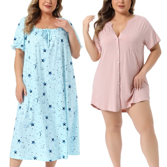 NOMADIC NOOK Women's Plus Size 2 Piece V Neck Button Down Sleepshirt and Square Neck Short Sleeve Cherry Print Sleep Dress Nightgown Set 3X Light Blue/Pink