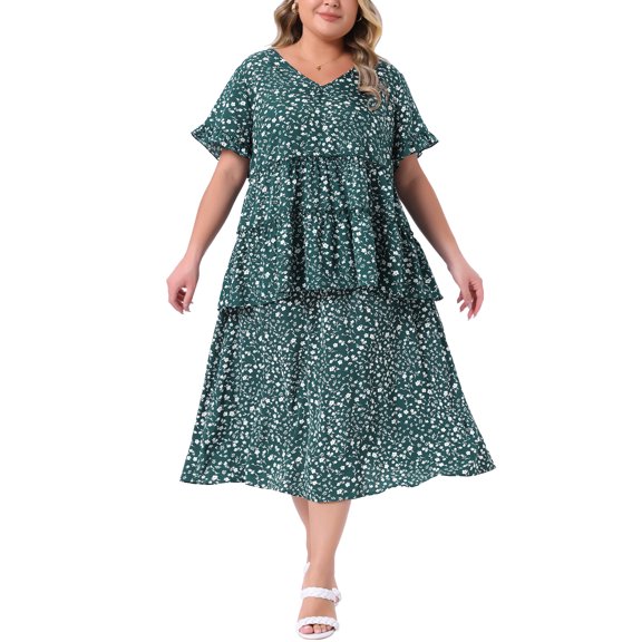 NOMADIC NOOK Women's Plus Size 2 Pieces Floral Boho Pleated Peplum Blouses and High Waist Flowy Midi Skirt Set 3X Green