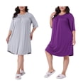 thumbnail image 1 of Agnes Orinda Women's Plus Size 2 Pieces Night Dress Pleated Lace Crew Neck 3/4 Sleeve Sleepwear Comfy Midi Nightgown 1X Purple/Light Gray, 1 of 6