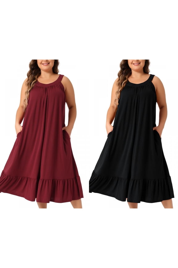 Women's Plus Size 2 Pieces Nightgown Sleeveless Wide Strap Pleated Nightdress Chemise Sleepwear 1X Wine Red/Black