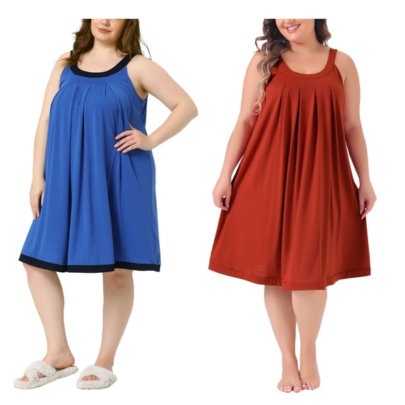 NOMADIC NOOK Women's Plus Size 2-Pack Nightgown Set Sleeveless Pleated Sleepshirt with Wide Straps Soft Scoop Neck Sleepwear 2X Royal Blue/Red