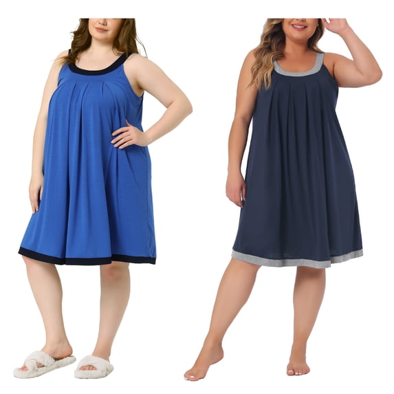 NOMADIC NOOK Women's Plus Size 2-Pack Nightgown Set Sleeveless Pleated Sleepshirt with Wide Straps Soft Scoop Neck Sleepwear 3X Royal Blue/Dark Blue