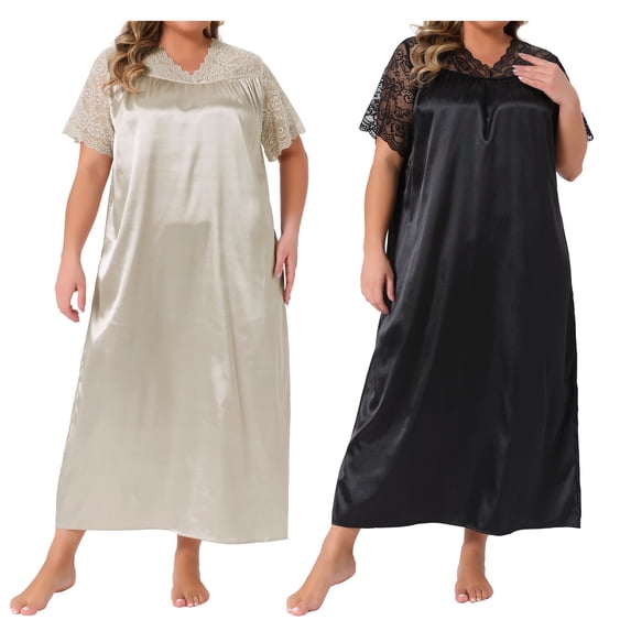 NOMADIC NOOK Women's Plus Size 2 Pieces Nightwear Satin Lace Hollow V Neck Short Sleeve Chemise Lounge Maxi Sleep Dress 1X Champagne/Black