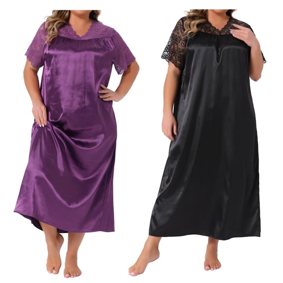 NOMADIC NOOK Women's Plus Size 2 Pieces Nightwear Satin Lace Hollow V Neck Short Sleeve Chemise Lounge Maxi Sleep Dress 1X Purple/Black